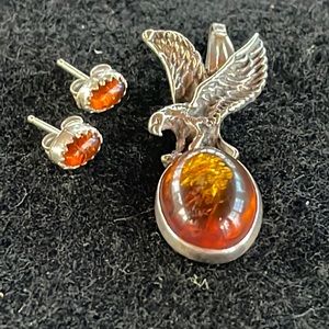 Amber & Sterling Eagle Pendant & Earrings